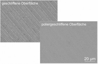 Může být také hladší: při zvětšení je jasně viditelný rozdíl mezi broušeným a leštěným povrchem. (Foto: Ústav obráběcích technologií) bild-4 Vergleich geschliffene poliergeschliffene Oberflächen 2025-12-2551