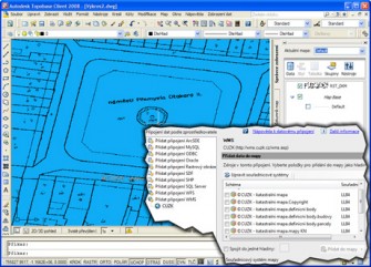 Příklad použití WMS KN na lokalitě českobudějovického náměstí, obrázek pochází z klientské aplikace Autodesk Topobase (Map 2008)