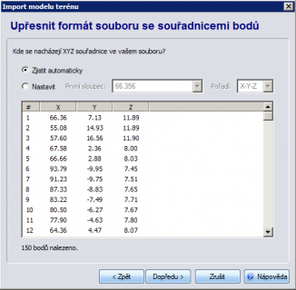 Náhled souřadnic bodů při importu modelu terénu