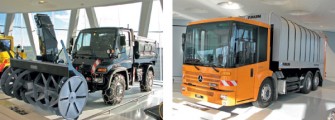 Obr. 13 Velcí pomocníci MB Unimog pro zimní údržbu silnic a MB Econic NGT 2628 pro sběr komunálního odpadu